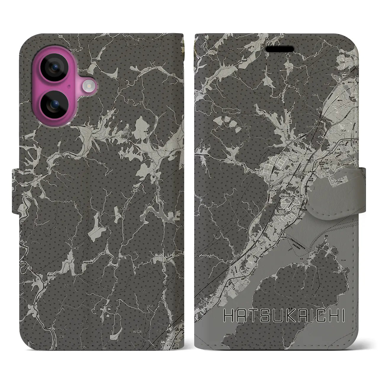 【廿日市(広島県)】地図柄iPhoneケース(手帳タイプ)モノトーン・iPhone 16 Pro 用