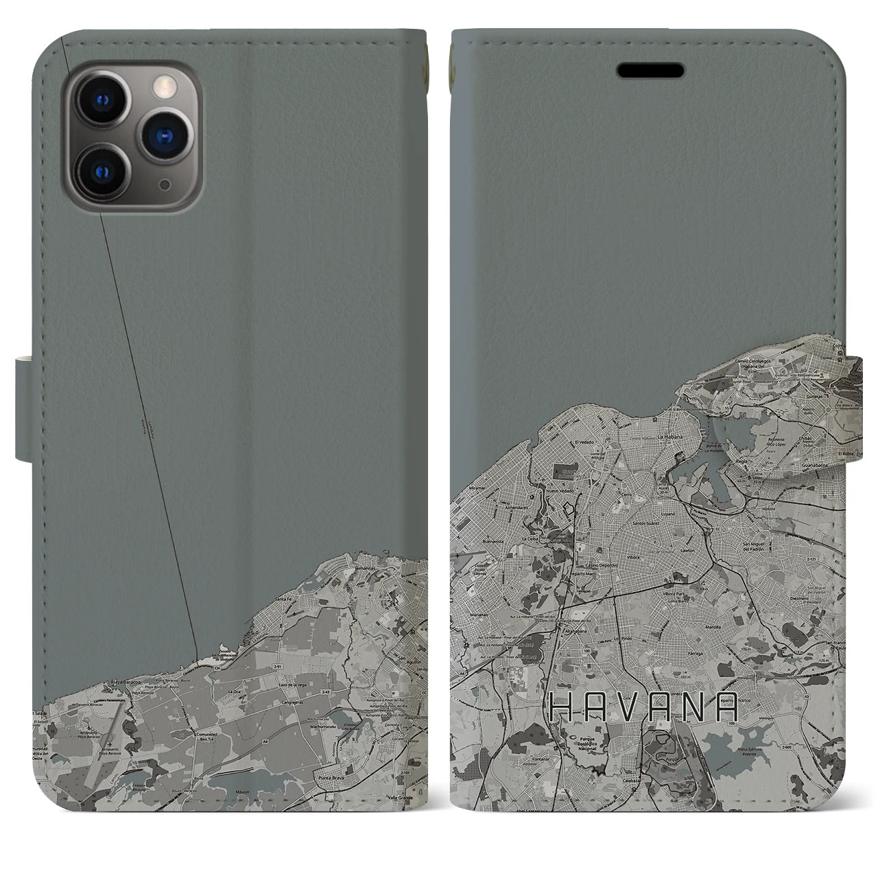 【ハバナ(キューバ)】地図柄iPhoneケース(手帳タイプ)モノトーン・iPhone 11 Pro Max 用