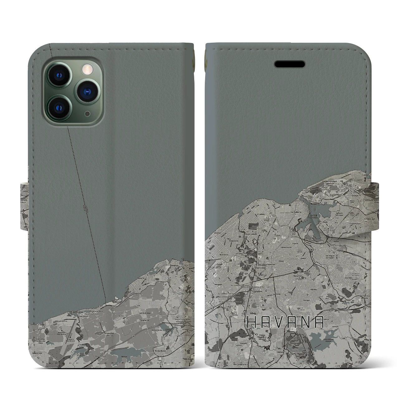 【ハバナ(キューバ)】地図柄iPhoneケース(手帳タイプ)モノトーン・iPhone 11 Pro 用