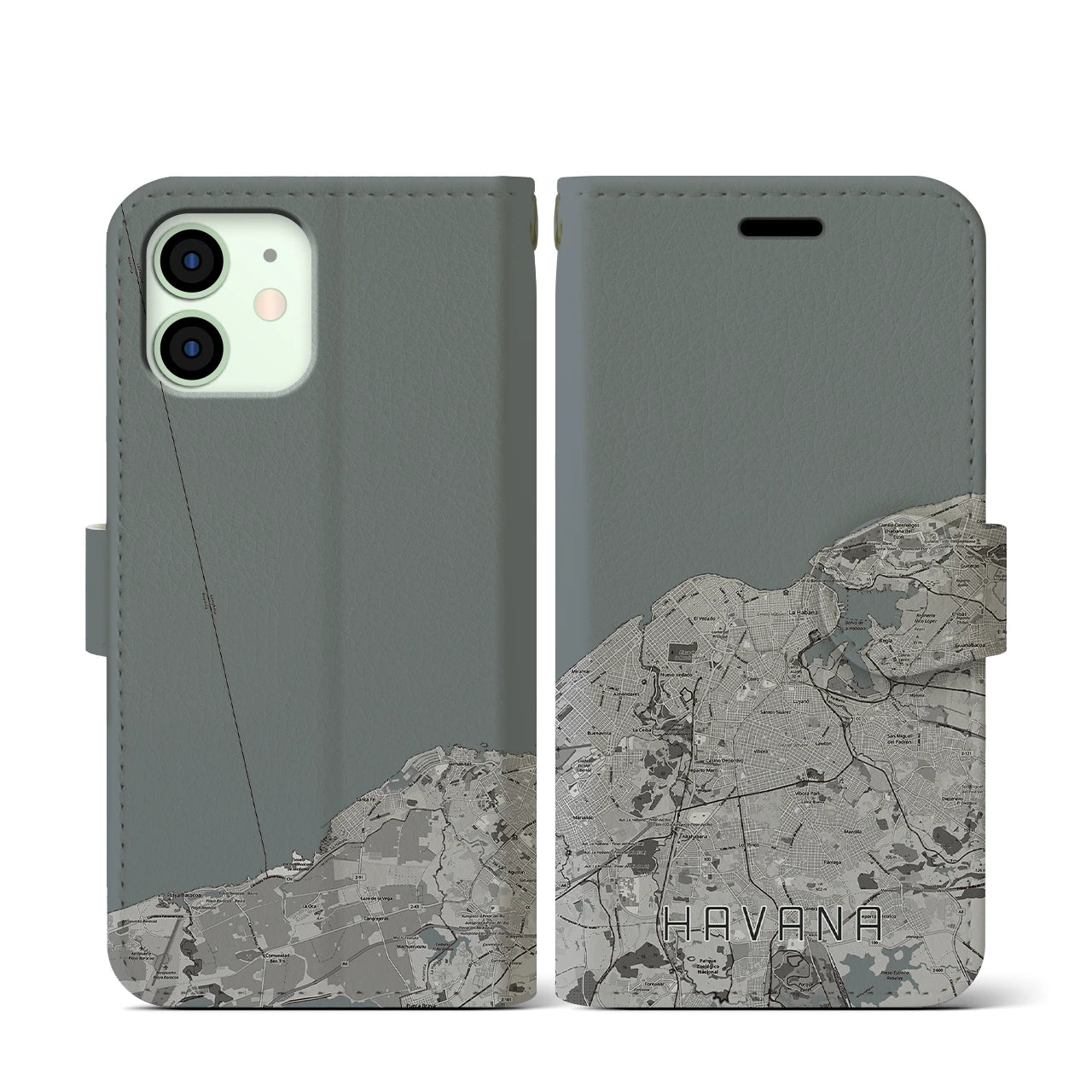 【ハバナ(キューバ)】地図柄iPhoneケース(手帳タイプ)モノトーン・iPhone 12 mini 用