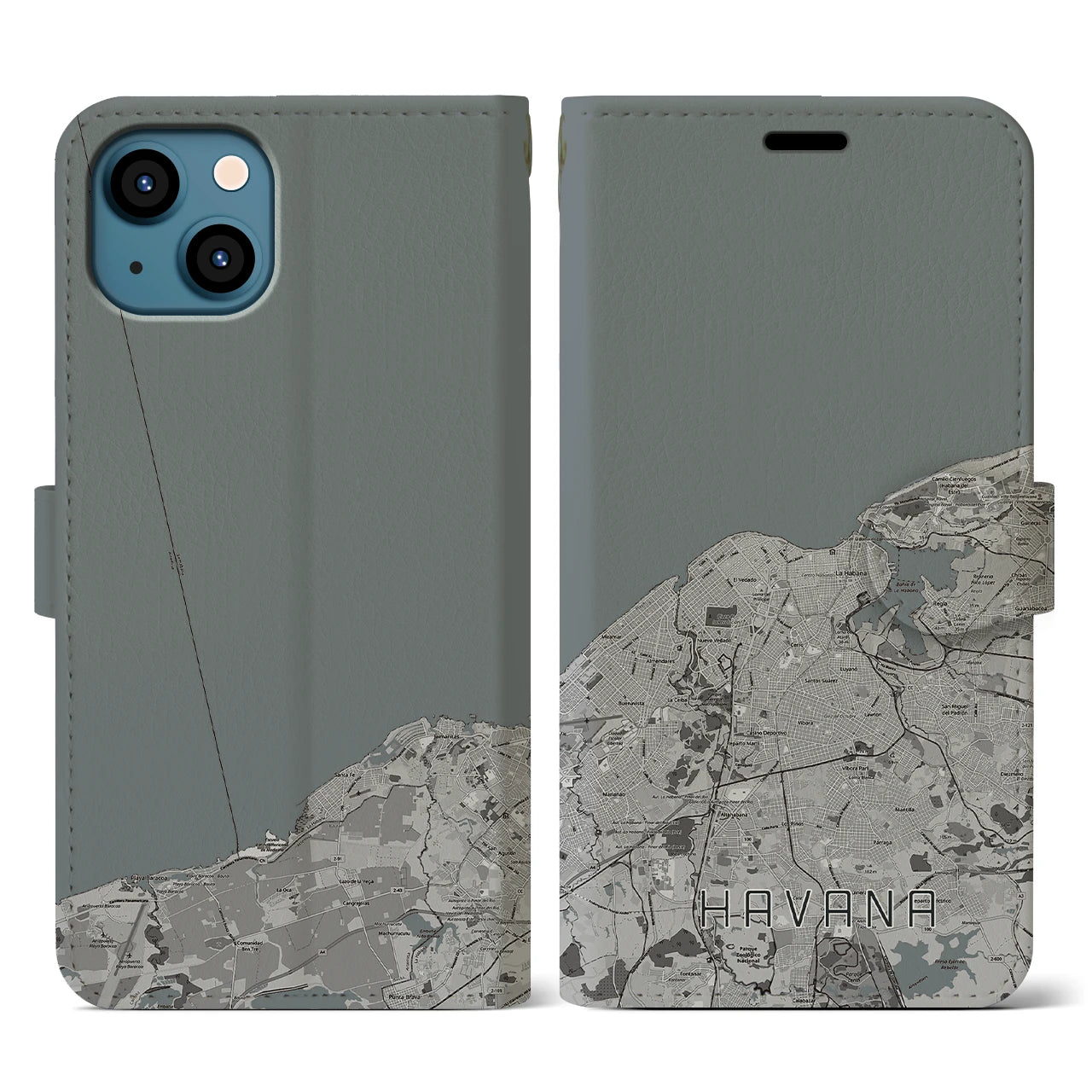 【ハバナ(キューバ)】地図柄iPhoneケース(手帳タイプ)モノトーン・iPhone 13 用