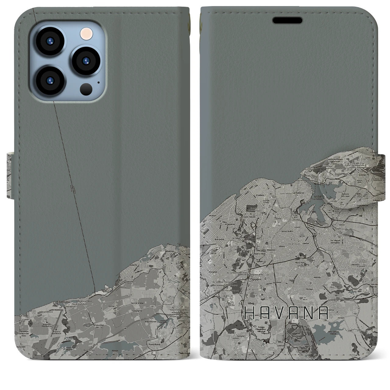 【ハバナ(キューバ)】地図柄iPhoneケース(手帳タイプ)モノトーン・iPhone 13 Pro Max 用