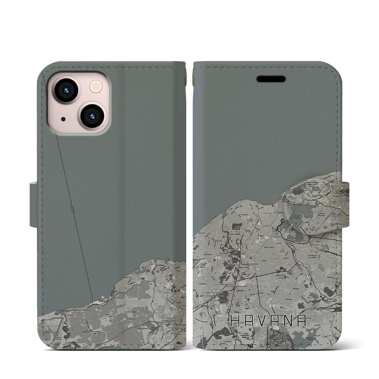 【ハバナ(キューバ)】地図柄iPhoneケース(手帳タイプ)モノトーン・iPhone 13 mini 用