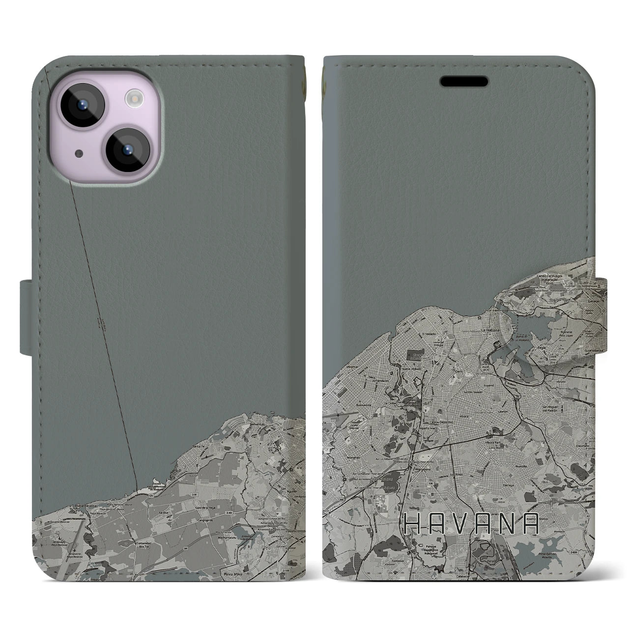 【ハバナ(キューバ)】地図柄iPhoneケース(手帳タイプ)モノトーン・iPhone 14 用