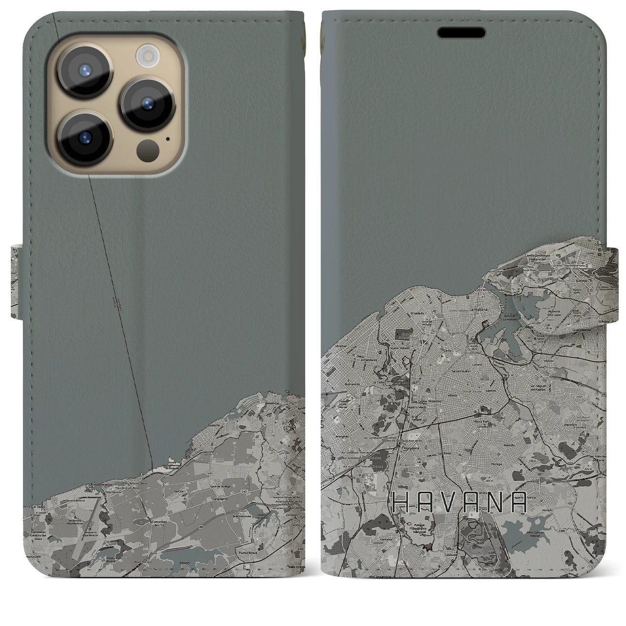 【ハバナ(キューバ)】地図柄iPhoneケース(手帳タイプ)モノトーン・iPhone 14 Pro Max 用