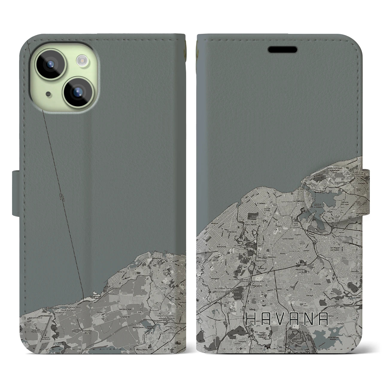【ハバナ(キューバ)】地図柄iPhoneケース(手帳タイプ)モノトーン・iPhone 15 用