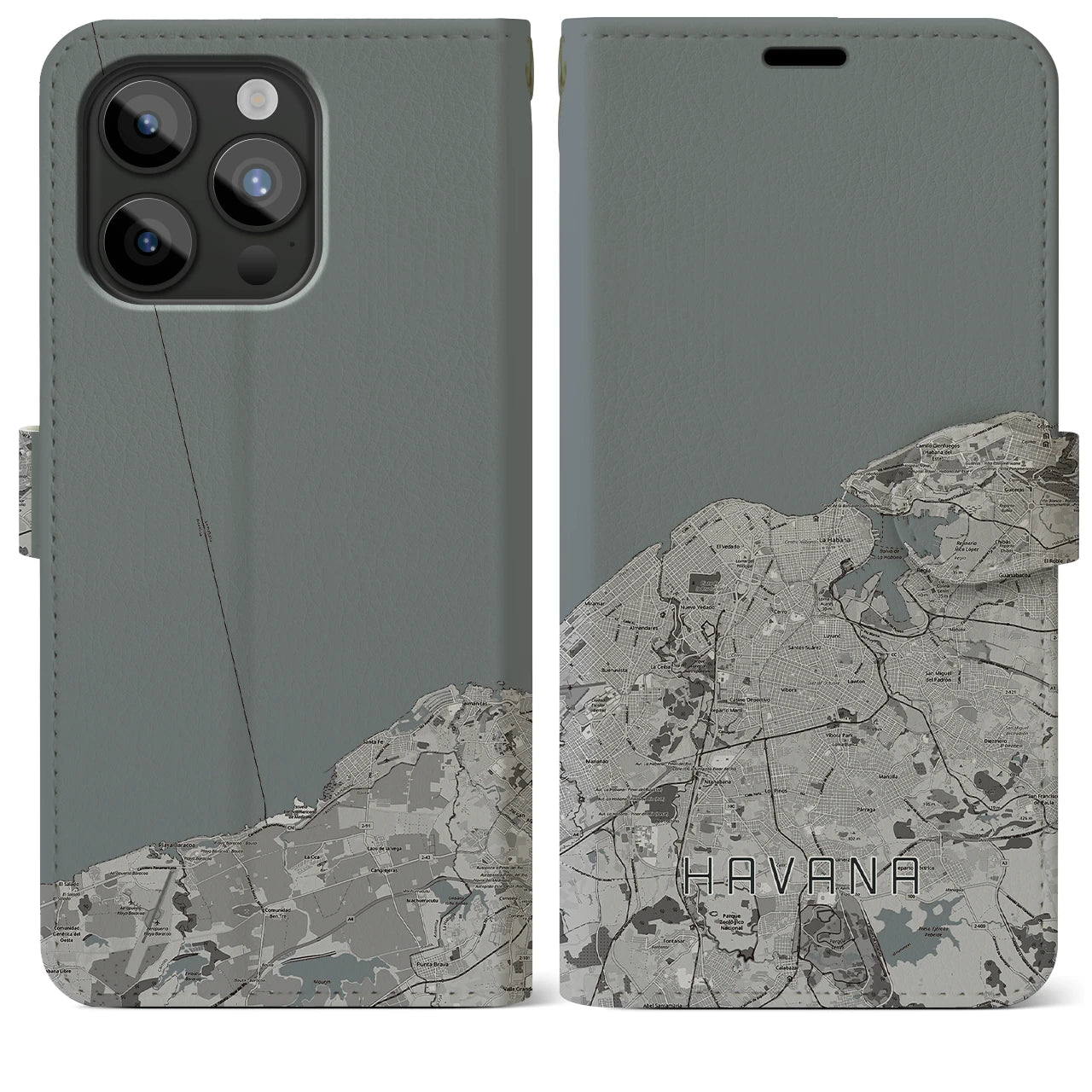【ハバナ(キューバ)】地図柄iPhoneケース(手帳タイプ)モノトーン・iPhone 15 Pro Max 用