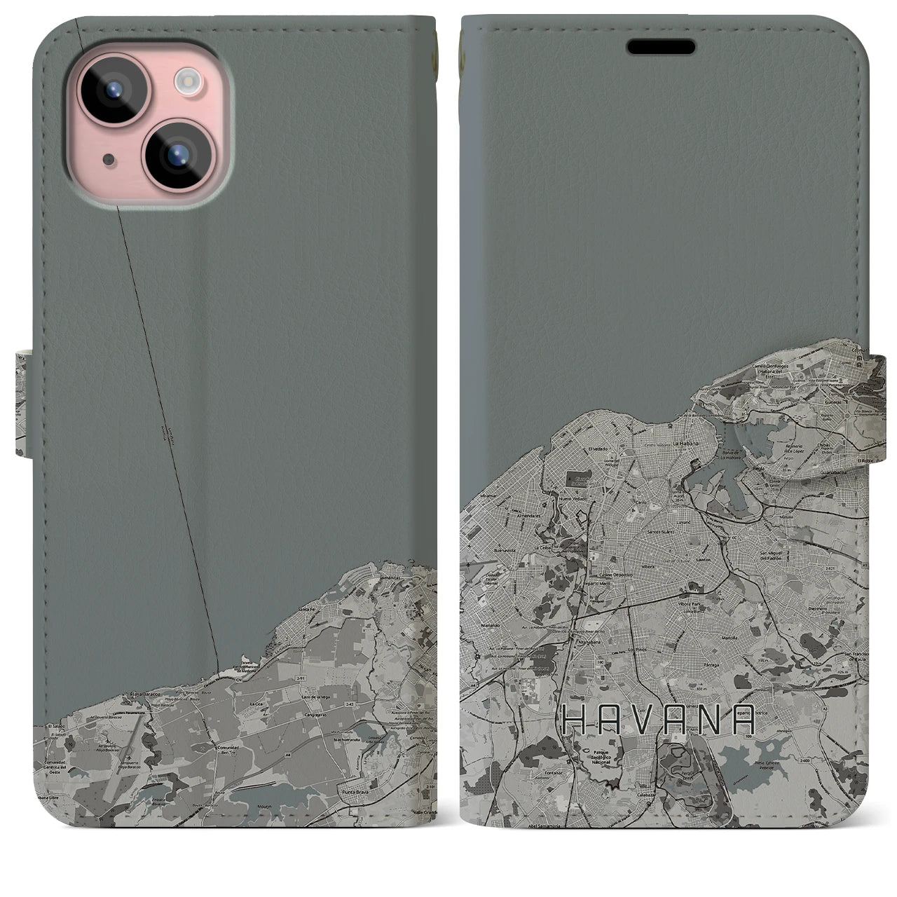 【ハバナ(キューバ)】地図柄iPhoneケース(手帳タイプ)モノトーン・iPhone 15 Plus 用