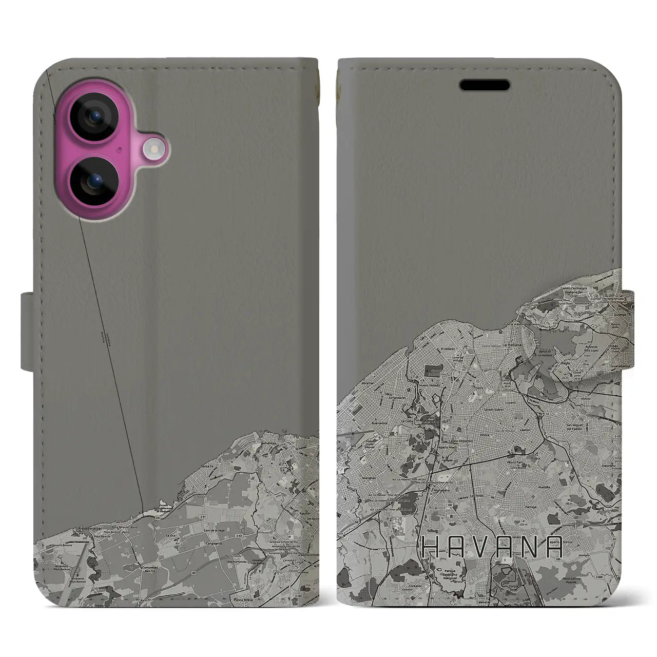 【ハバナ(キューバ)】地図柄iPhoneケース(手帳タイプ)モノトーン・iPhone 16 Pro 用