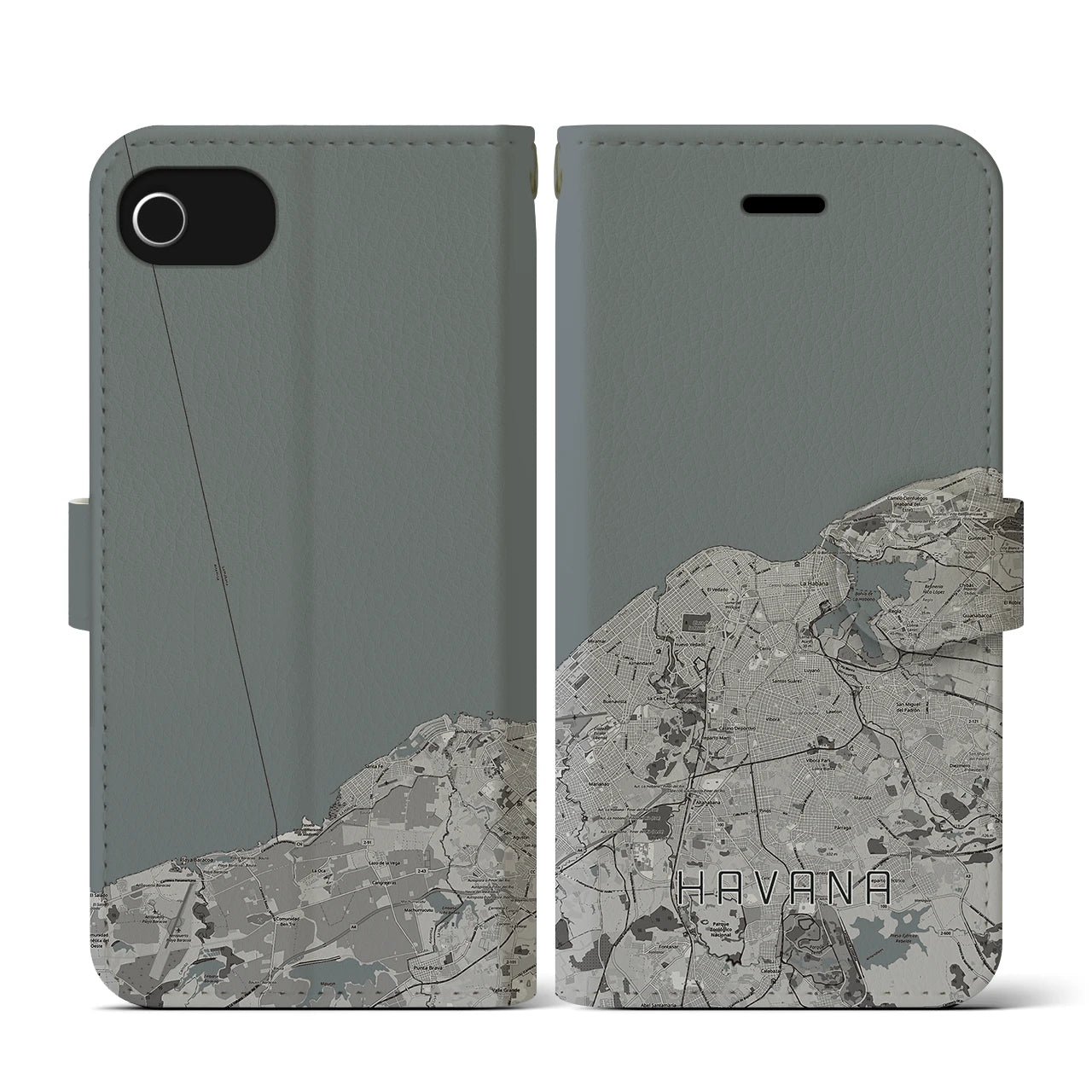 【ハバナ(キューバ)】地図柄iPhoneケース(手帳タイプ)モノトーン・iPhone SE(第3 / 第2世代) / 8 / 7 / 6s / 6 用
