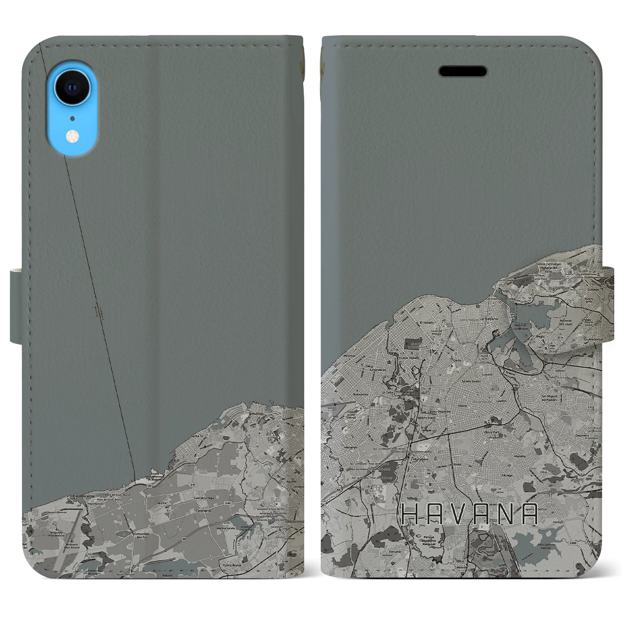 【ハバナ(キューバ)】地図柄iPhoneケース(手帳タイプ)モノトーン・iPhone XR 用