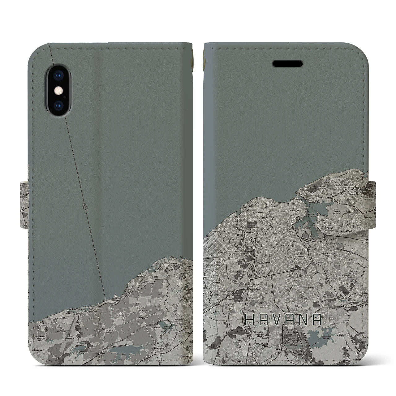 【ハバナ(キューバ)】地図柄iPhoneケース(手帳タイプ)モノトーン・iPhone XS / X 用
