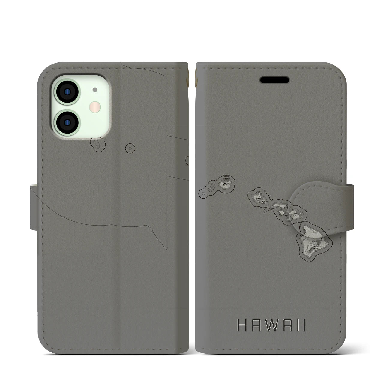 【ハワイ(アメリカ)】地図柄iPhoneケース(手帳タイプ)モノトーン・iPhone 12 mini 用