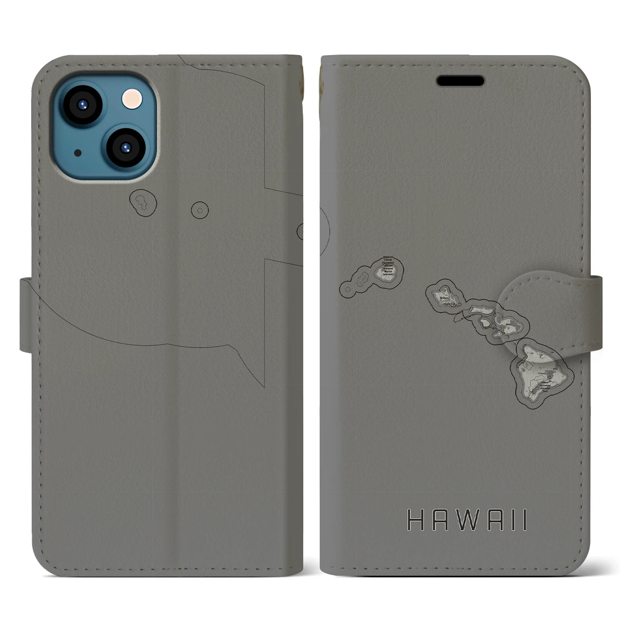 【ハワイ(アメリカ)】地図柄iPhoneケース(手帳タイプ)モノトーン・iPhone 13 用