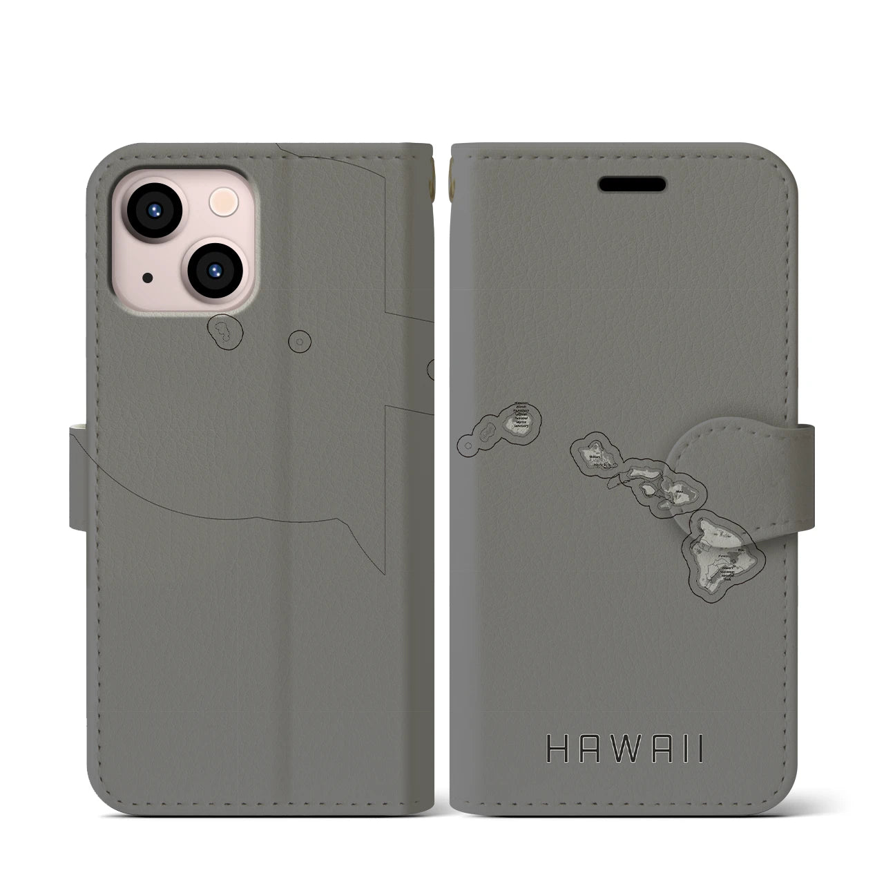 【ハワイ(アメリカ)】地図柄iPhoneケース(手帳タイプ)モノトーン・iPhone 13 mini 用