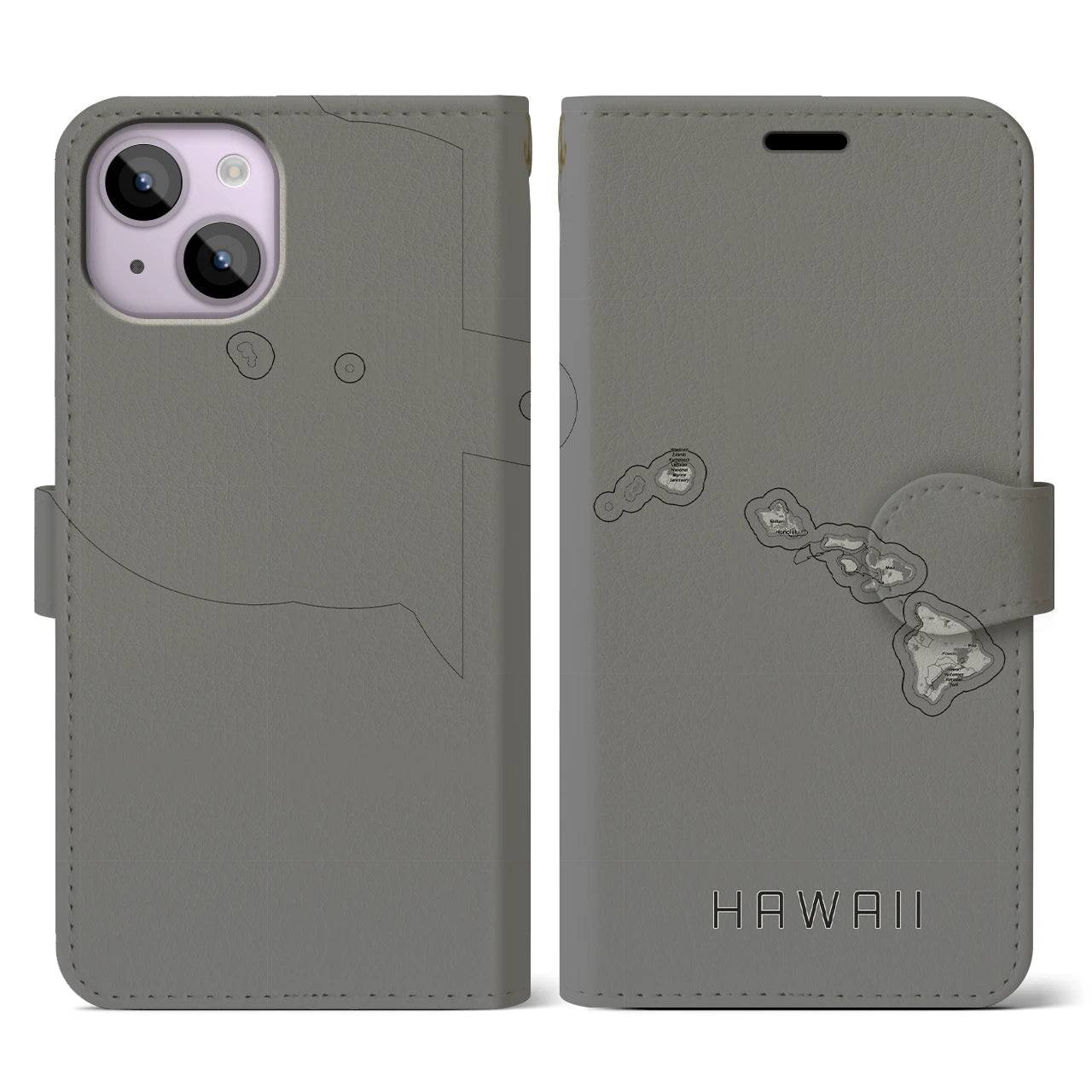 【ハワイ(アメリカ)】地図柄iPhoneケース(手帳タイプ)モノトーン・iPhone 14 用