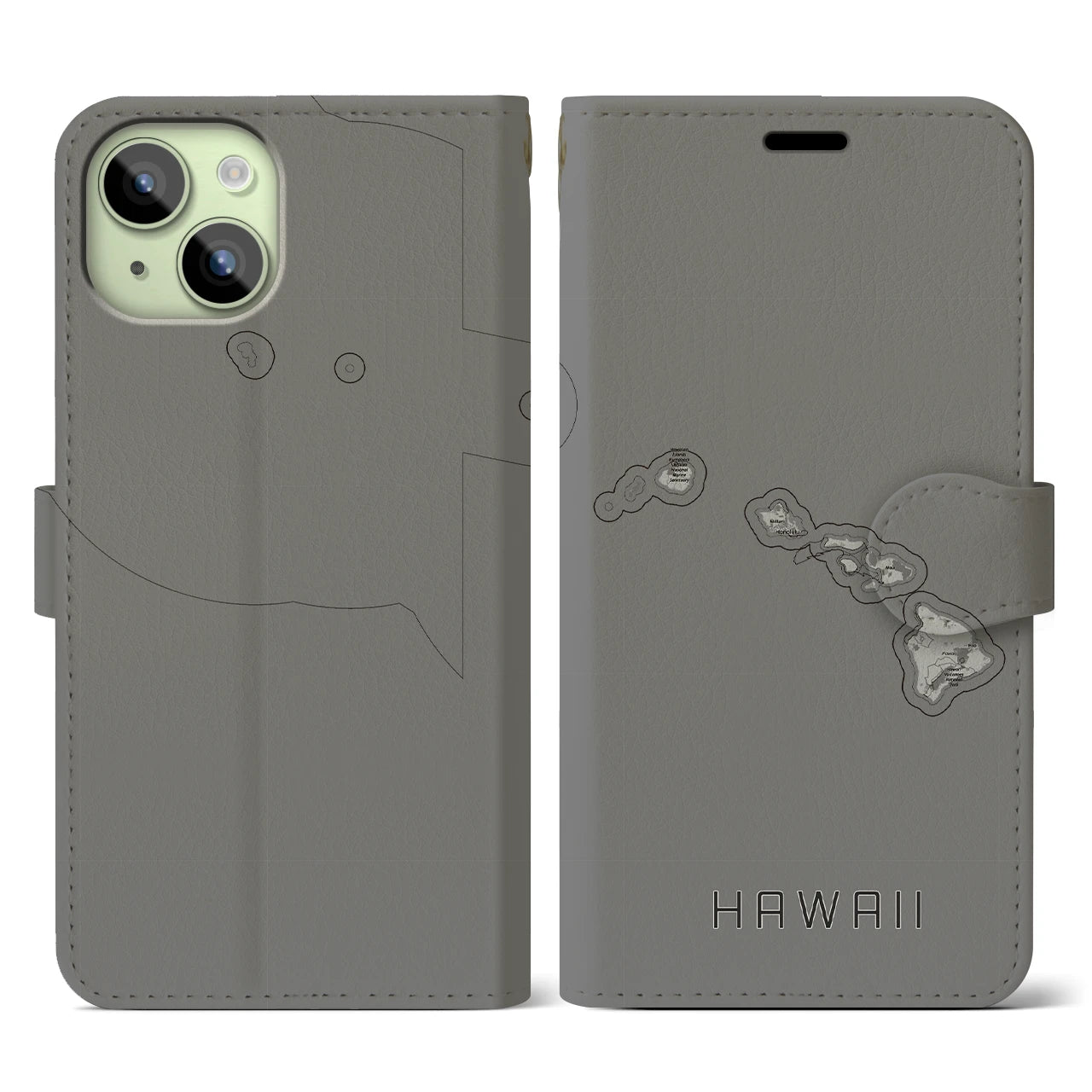 【ハワイ(アメリカ)】地図柄iPhoneケース(手帳タイプ)モノトーン・iPhone 15 用