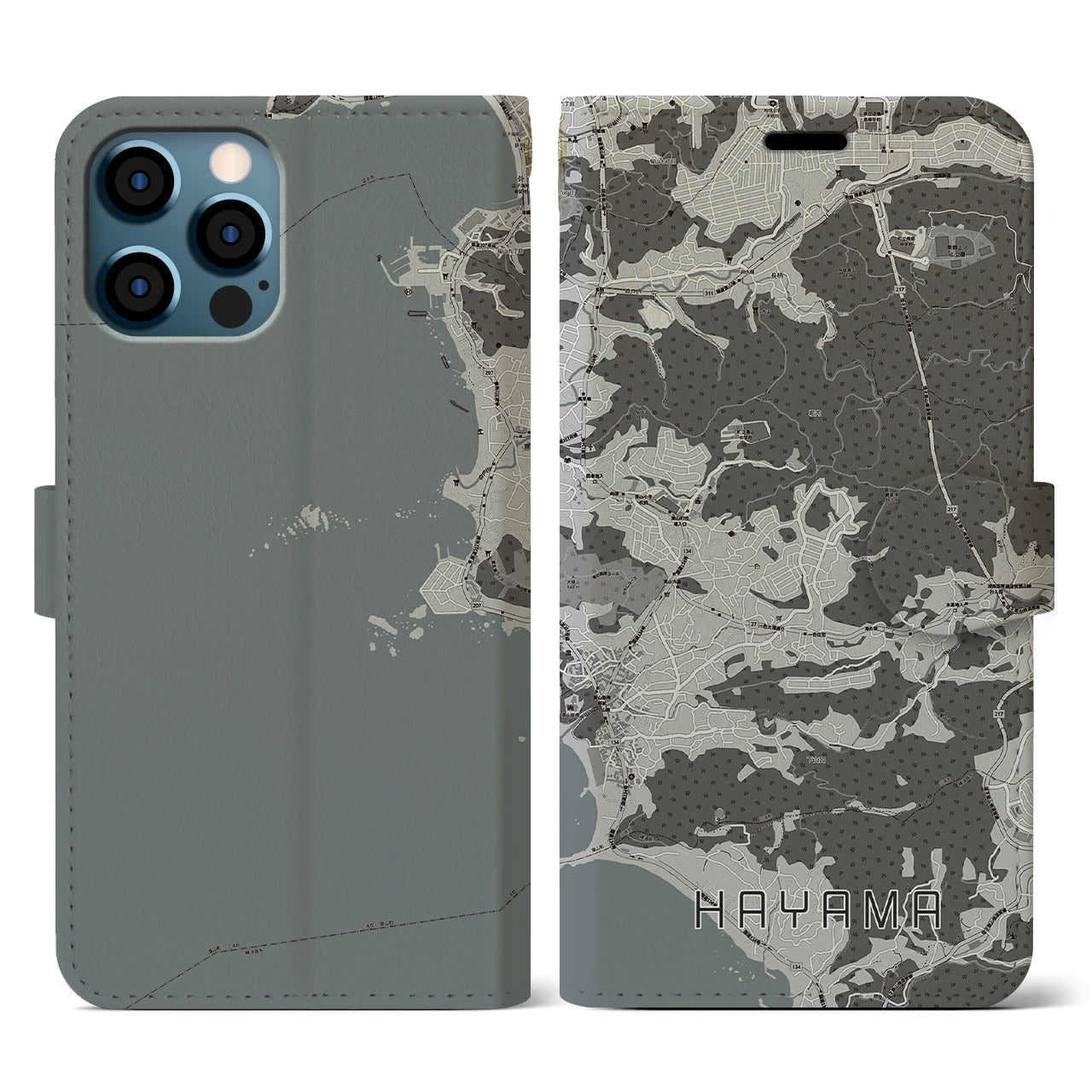 【葉山(神奈川県)】地図柄iPhoneケース(手帳タイプ)モノトーン・iPhone 12 / 12 Pro 用