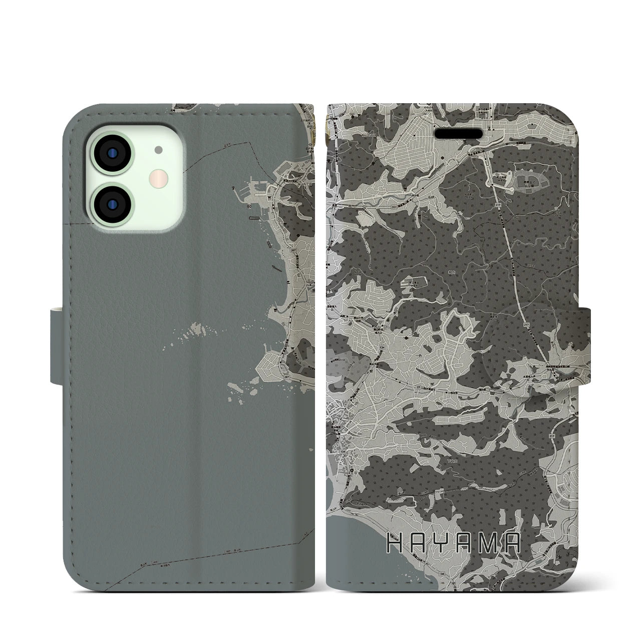【葉山(神奈川県)】地図柄iPhoneケース(手帳タイプ)モノトーン・iPhone 12 mini 用