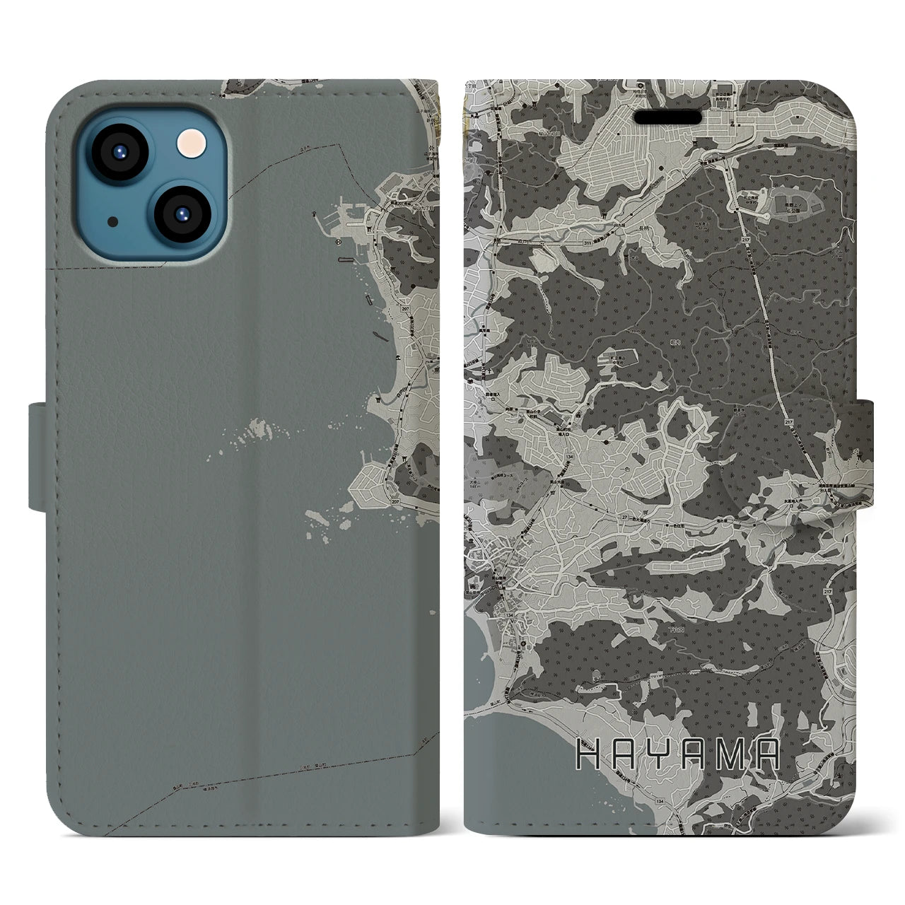 【葉山(神奈川県)】地図柄iPhoneケース(手帳タイプ)モノトーン・iPhone 13 用