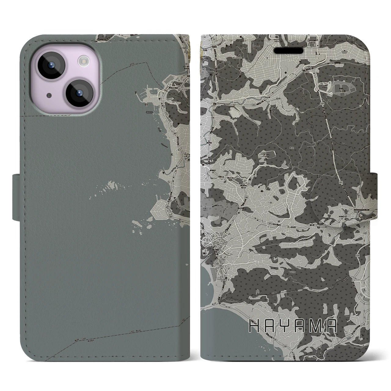 【葉山(神奈川県)】地図柄iPhoneケース(手帳タイプ)モノトーン・iPhone 14 用