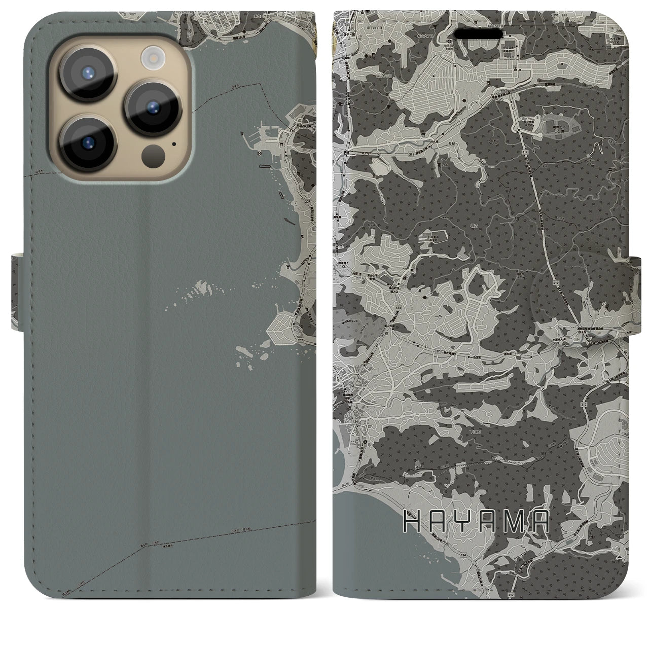 【葉山(神奈川県)】地図柄iPhoneケース(手帳タイプ)モノトーン・iPhone 14 Pro Max 用