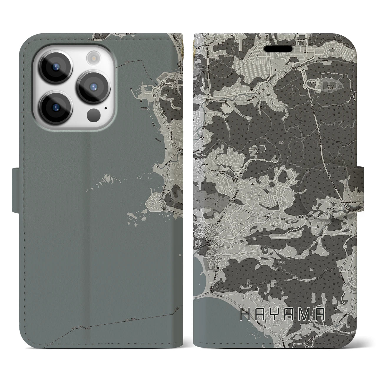 【葉山(神奈川県)】地図柄iPhoneケース(手帳タイプ)モノトーン・iPhone 14 Pro 用