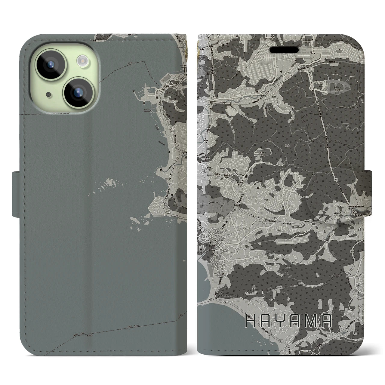 【葉山(神奈川県)】地図柄iPhoneケース(手帳タイプ)モノトーン・iPhone 15 用