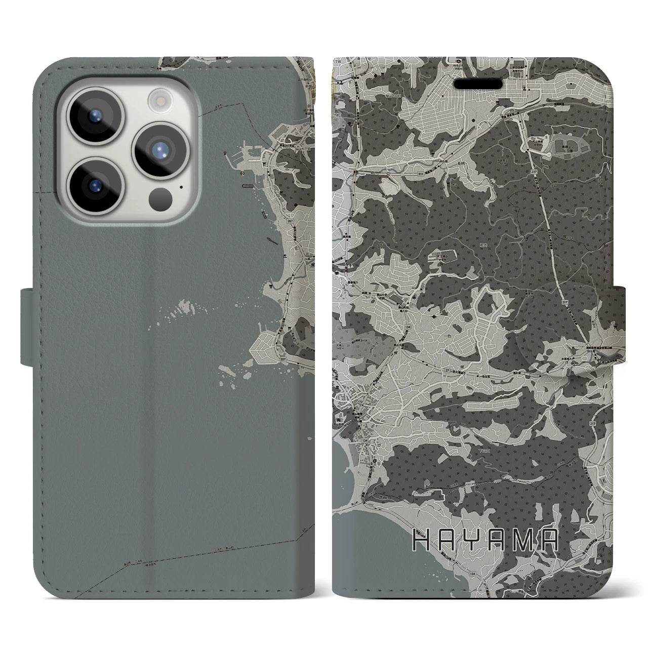 【葉山(神奈川県)】地図柄iPhoneケース(手帳タイプ)モノトーン・iPhone 15 Pro 用