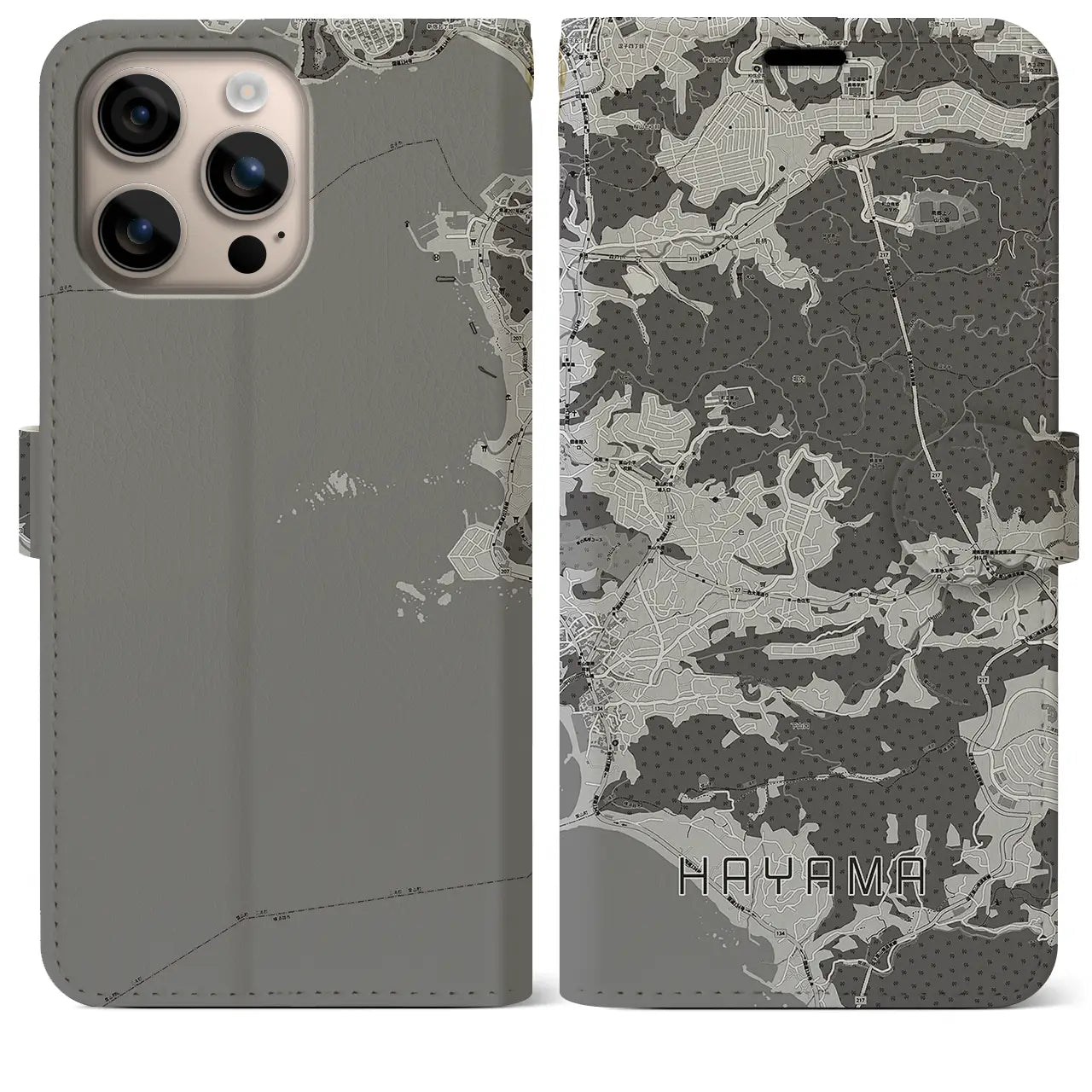 【葉山(神奈川県)】地図柄iPhoneケース(手帳タイプ)モノトーン・iPhone 16 Plus 用