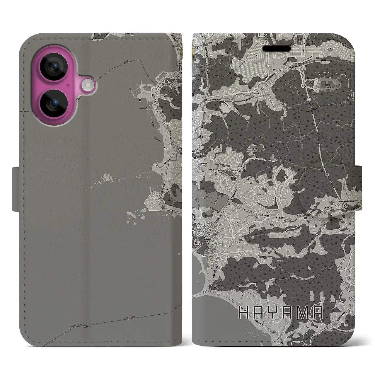 【葉山(神奈川県)】地図柄iPhoneケース(手帳タイプ)モノトーン・iPhone 16 Pro 用