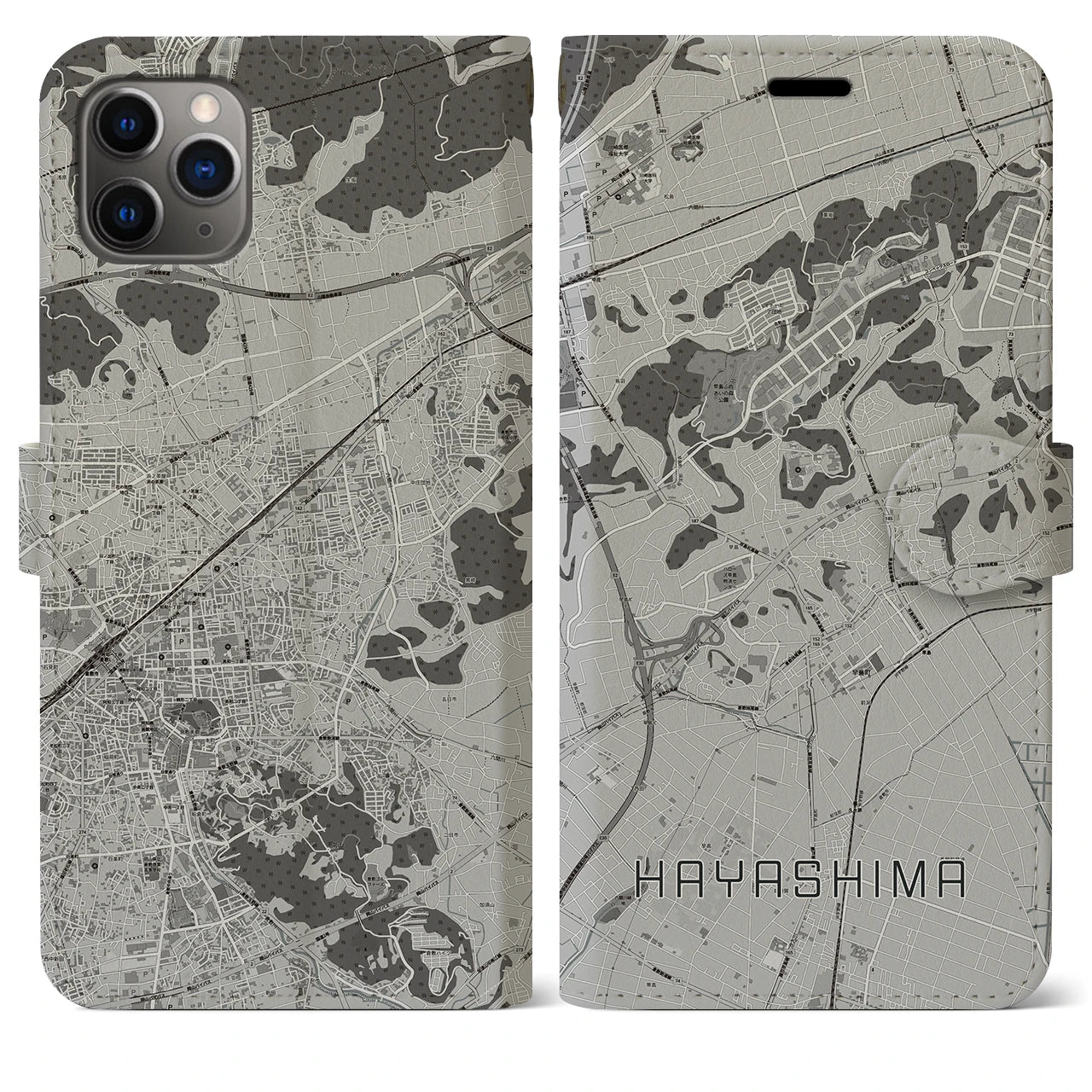 【早島(岡山県)】地図柄iPhoneケース(手帳タイプ)モノトーン・iPhone 11 Pro Max 用