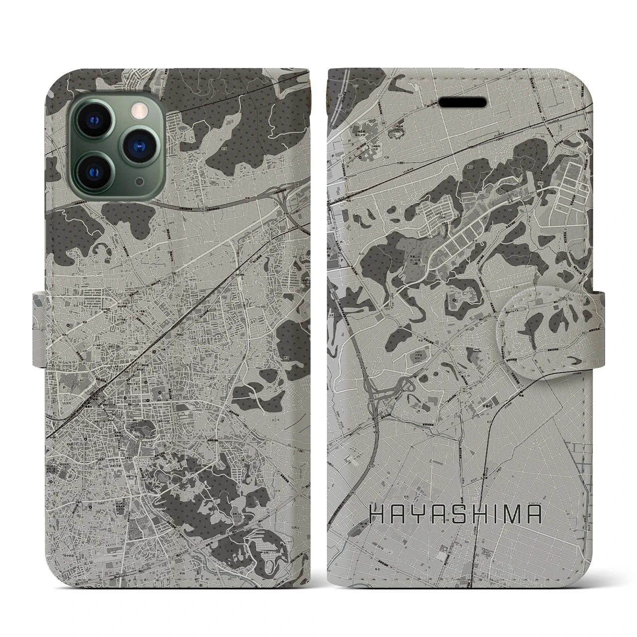 【早島(岡山県)】地図柄iPhoneケース(手帳タイプ)モノトーン・iPhone 11 Pro 用