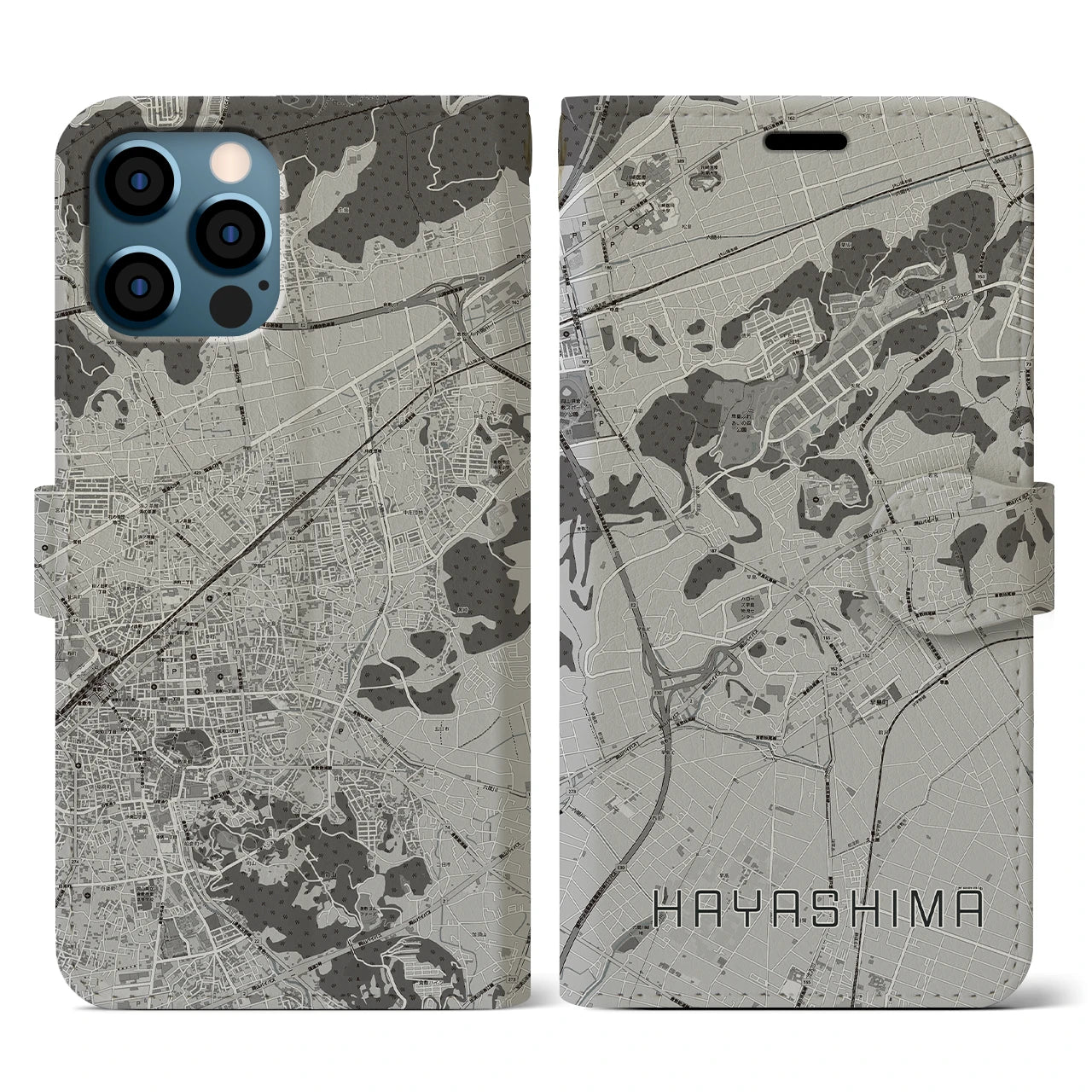 【早島(岡山県)】地図柄iPhoneケース(手帳タイプ)モノトーン・iPhone 12 / 12 Pro 用