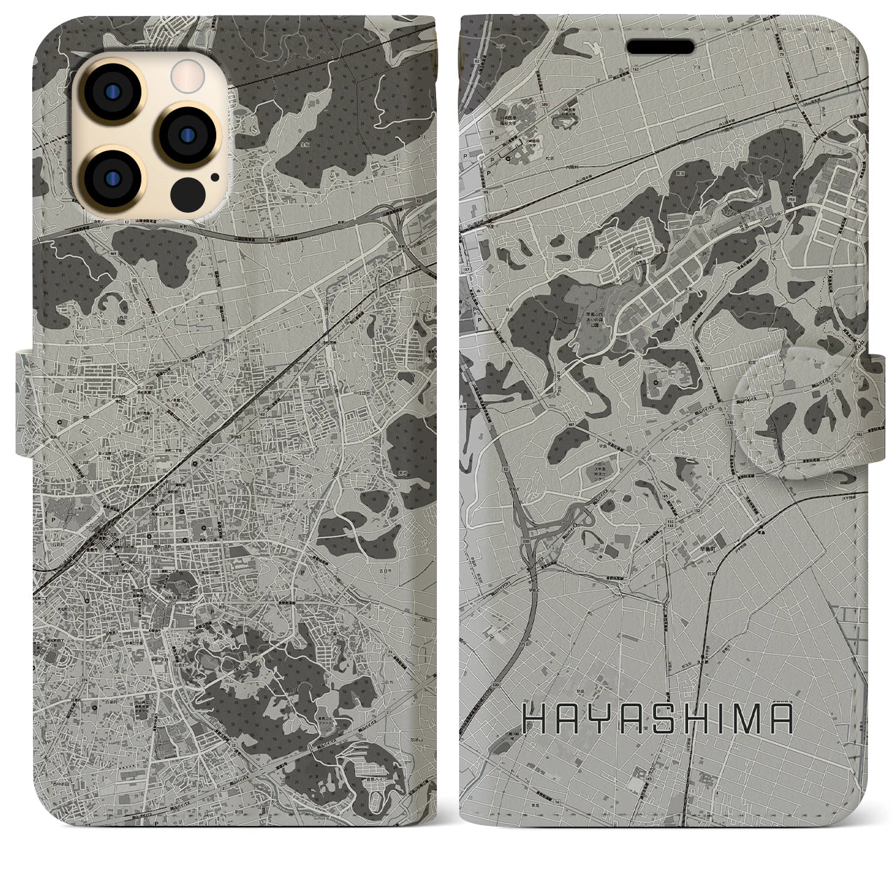 【早島(岡山県)】地図柄iPhoneケース(手帳タイプ)モノトーン・iPhone 12 Pro Max 用