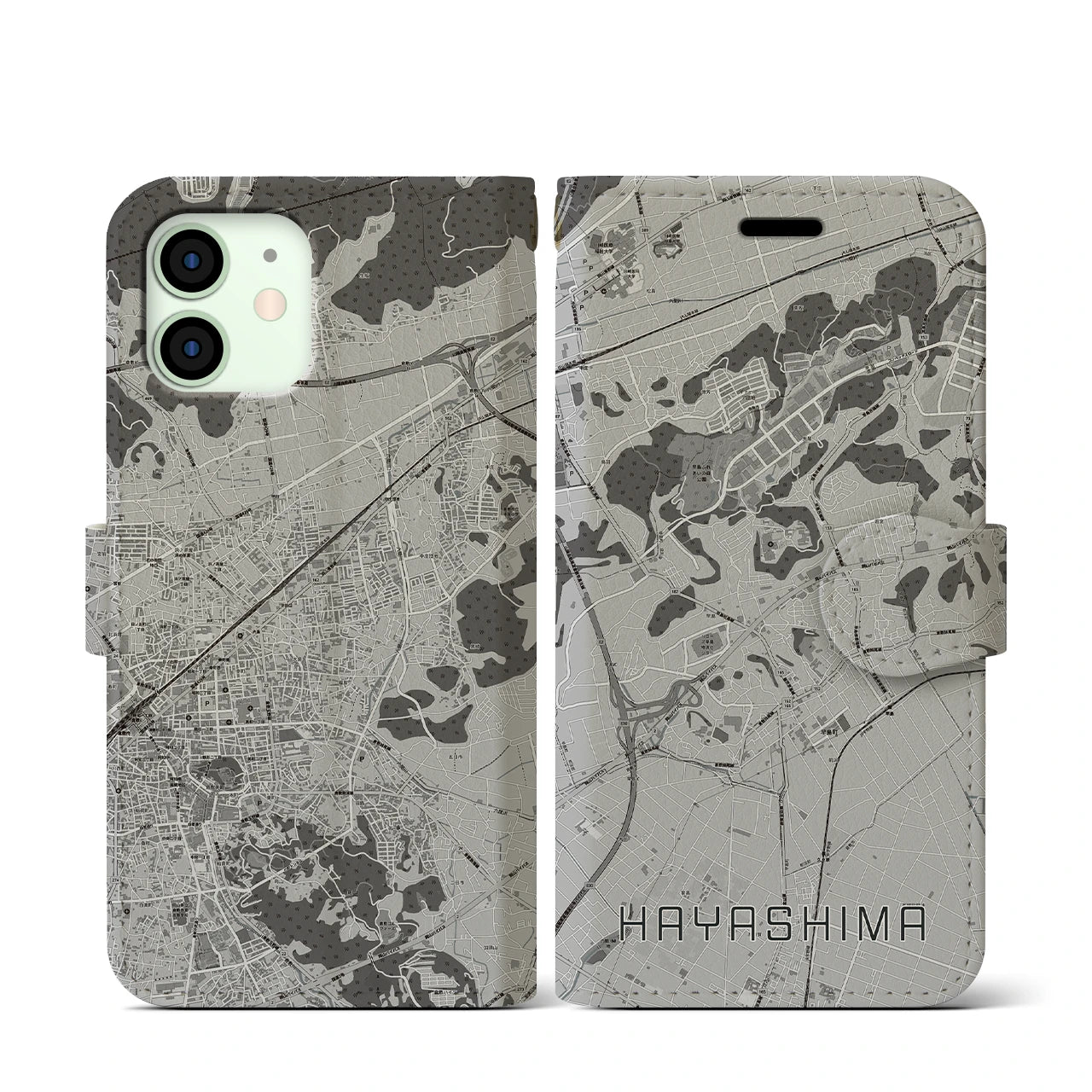 【早島(岡山県)】地図柄iPhoneケース(手帳タイプ)モノトーン・iPhone 12 mini 用
