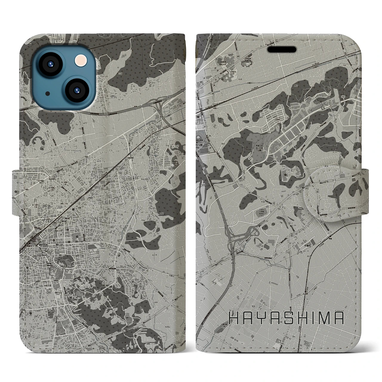 【早島(岡山県)】地図柄iPhoneケース(手帳タイプ)モノトーン・iPhone 13 用
