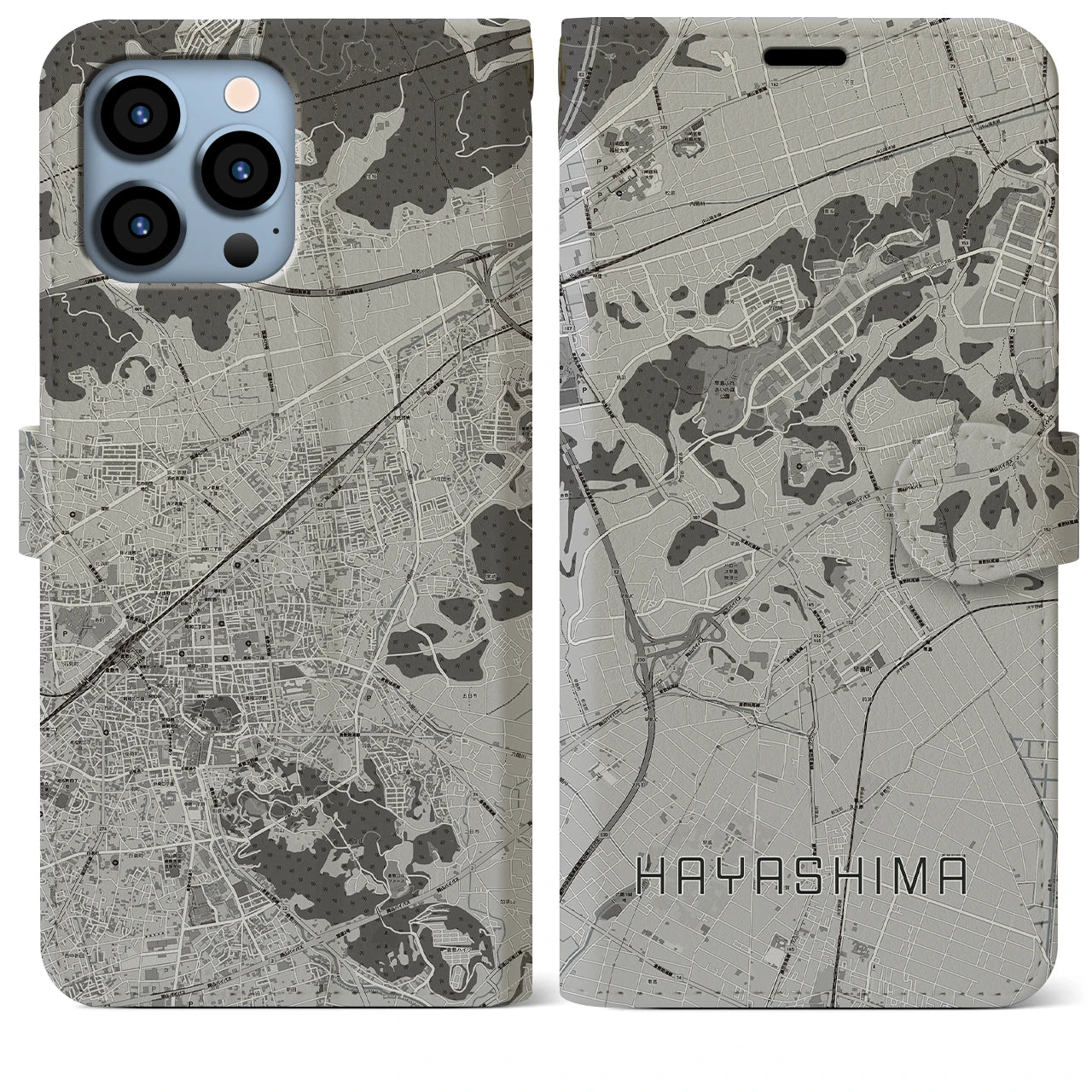 【早島(岡山県)】地図柄iPhoneケース(手帳タイプ)モノトーン・iPhone 13 Pro Max 用