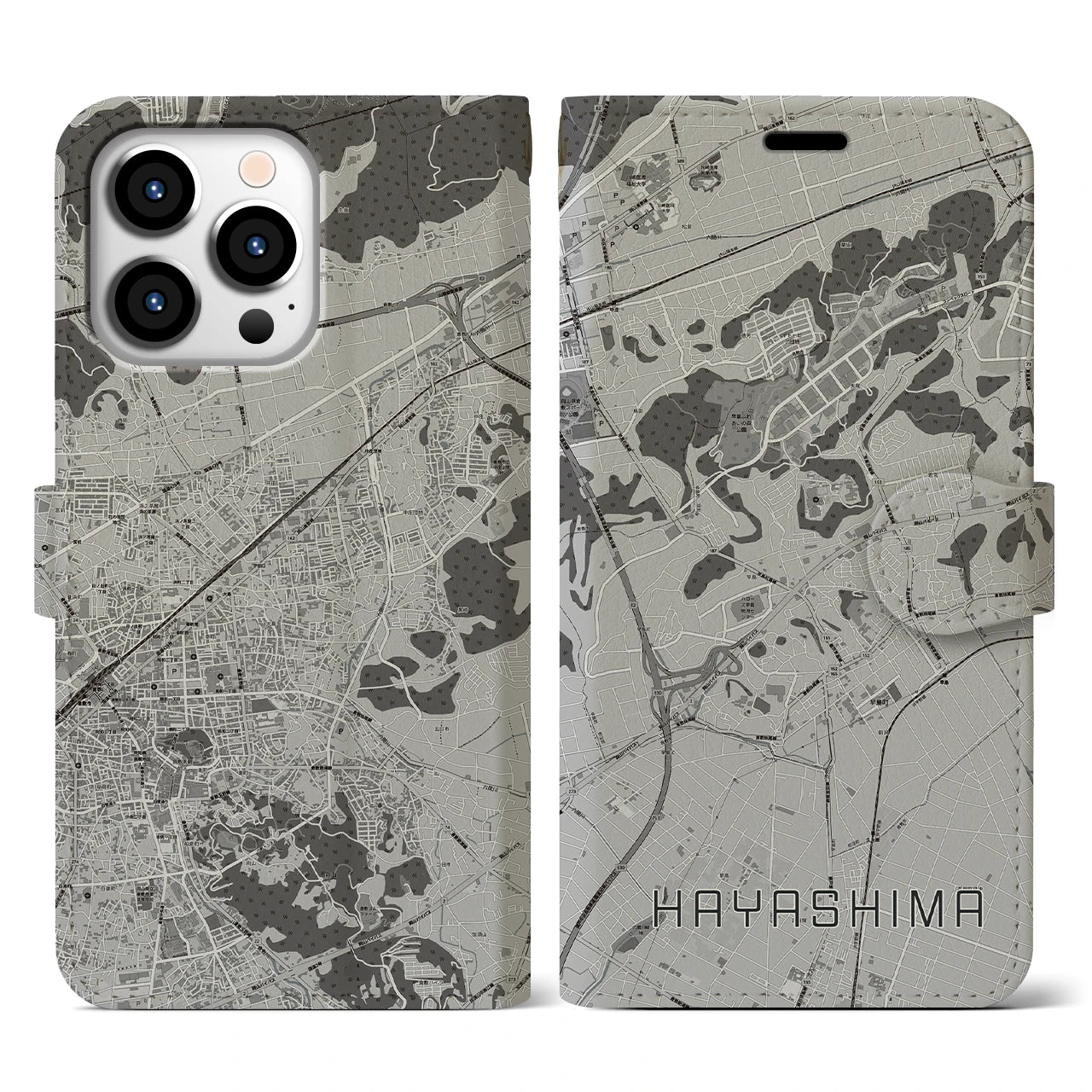 【早島(岡山県)】地図柄iPhoneケース(手帳タイプ)モノトーン・iPhone 13 Pro 用