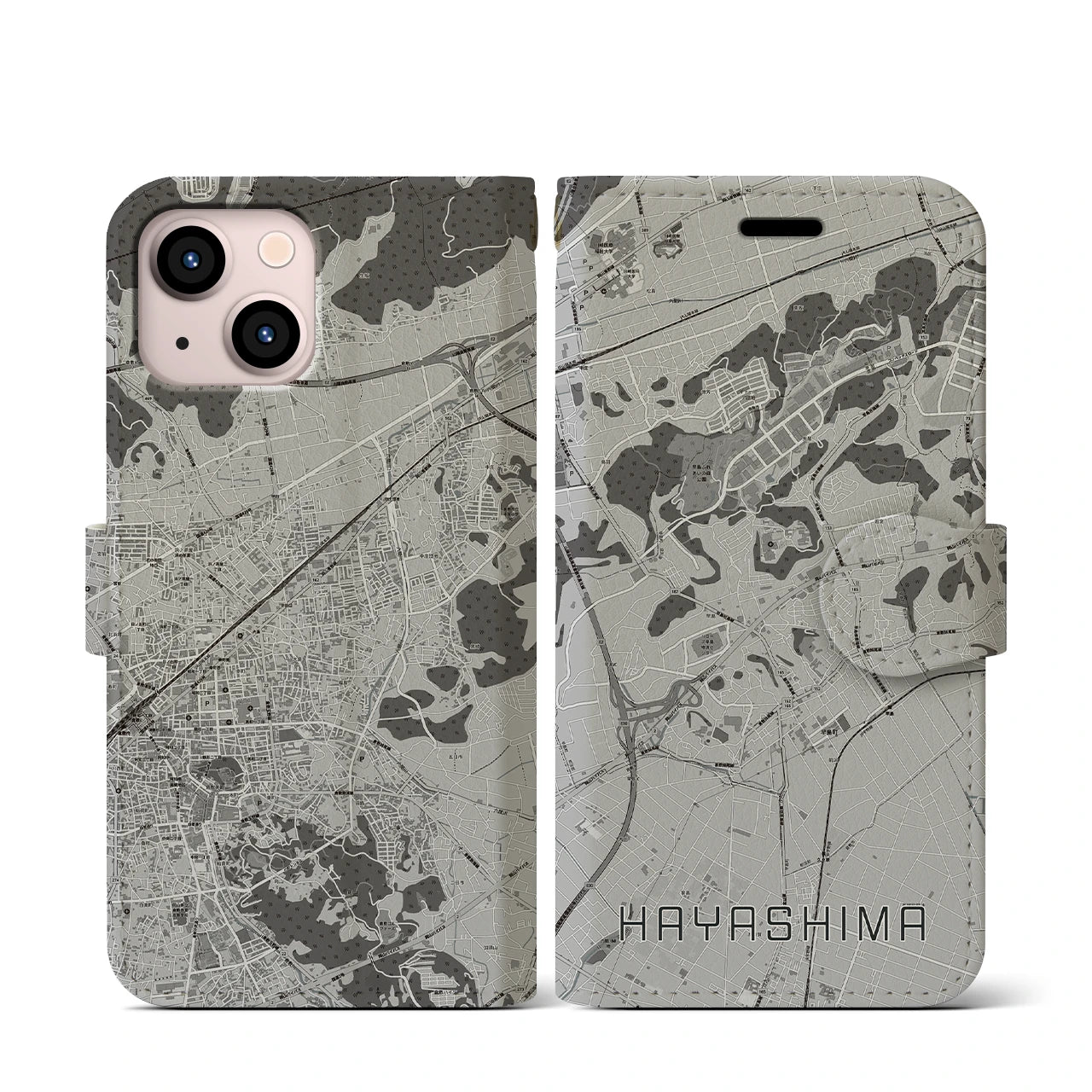 【早島(岡山県)】地図柄iPhoneケース(手帳タイプ)モノトーン・iPhone 13 mini 用