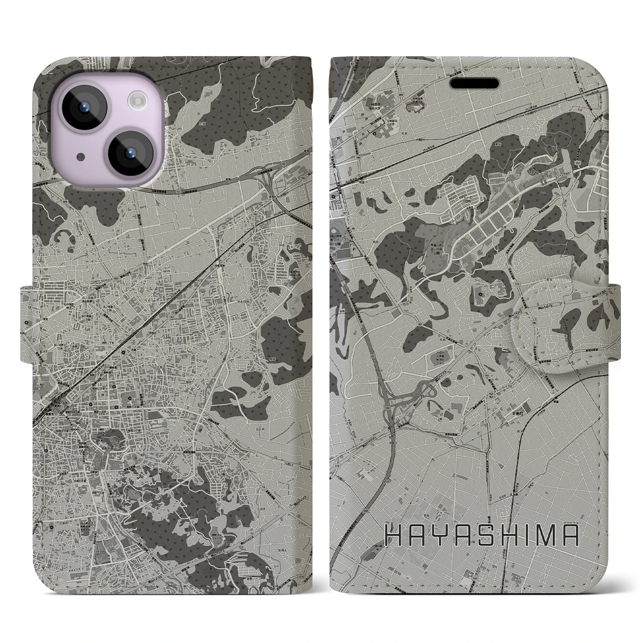 【早島(岡山県)】地図柄iPhoneケース(手帳タイプ)モノトーン・iPhone 14 用