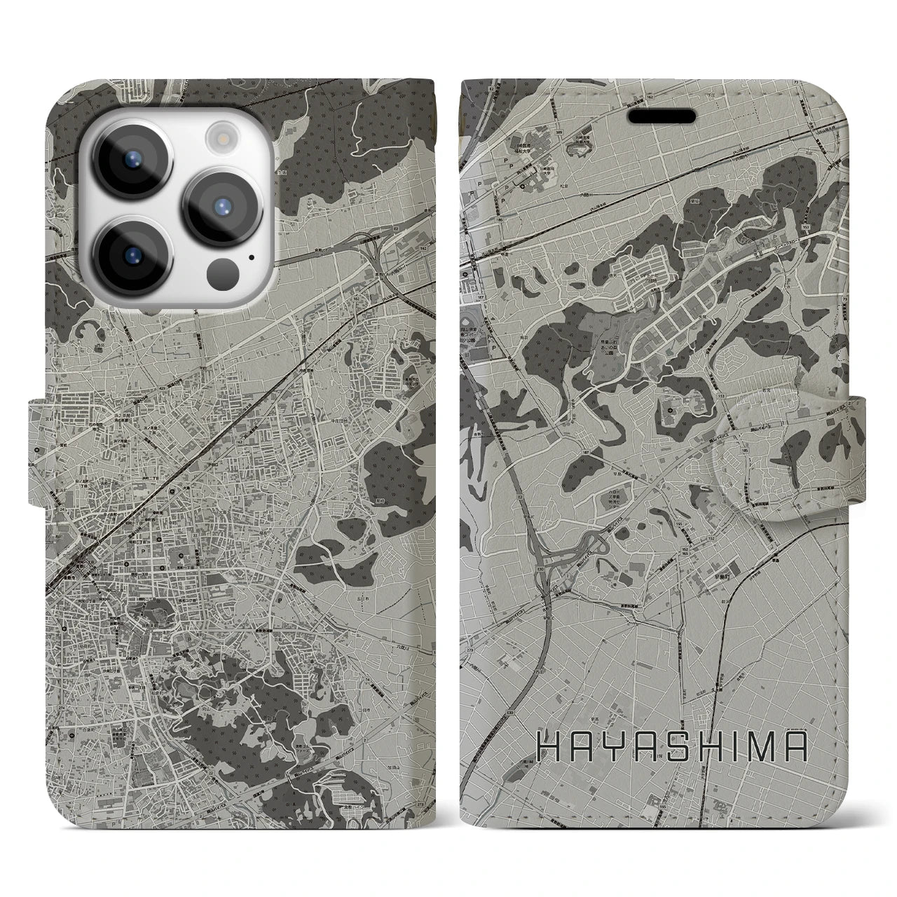 【早島(岡山県)】地図柄iPhoneケース(手帳タイプ)モノトーン・iPhone 14 Pro 用