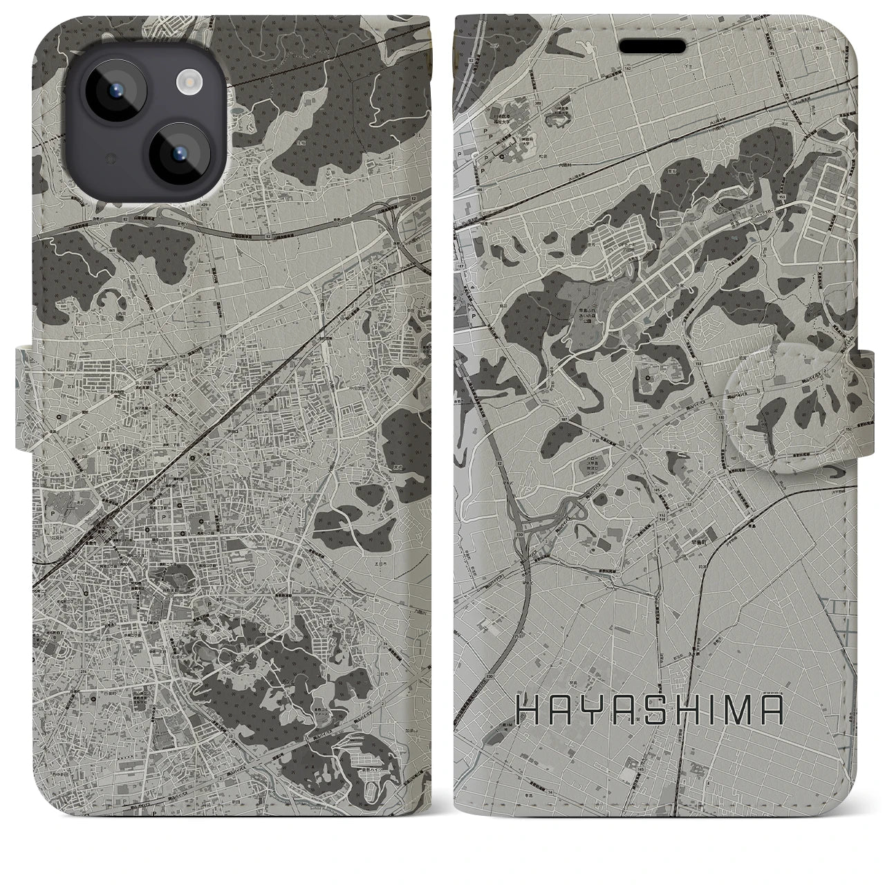 【早島(岡山県)】地図柄iPhoneケース(手帳タイプ)モノトーン・iPhone 14 Plus 用