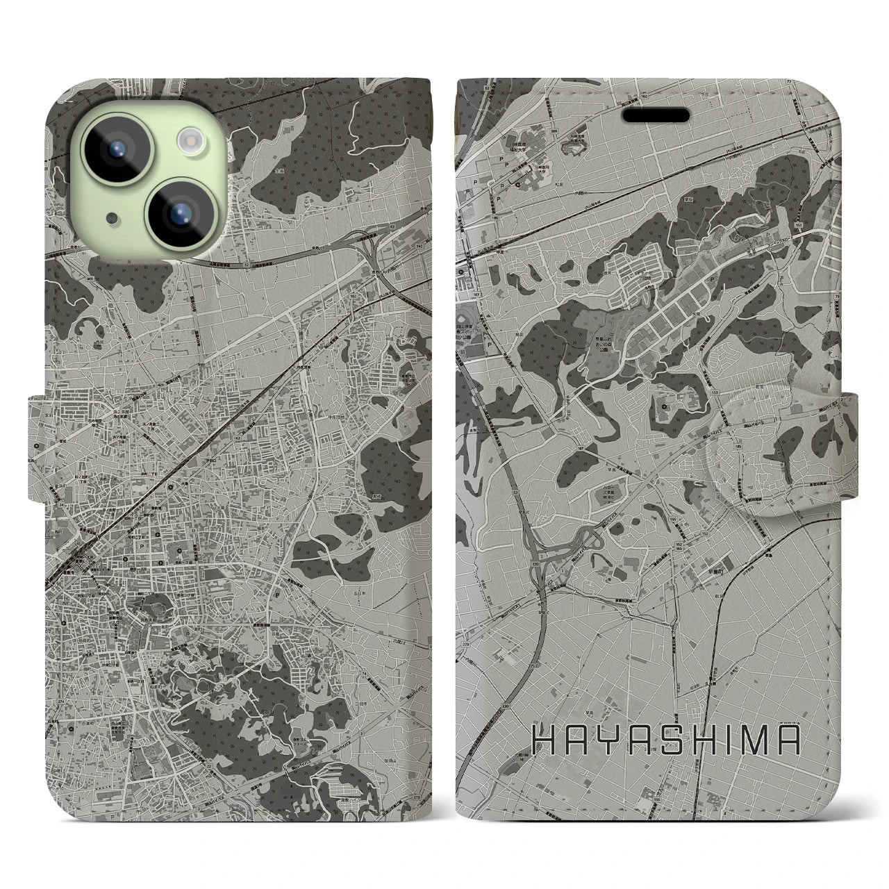 【早島(岡山県)】地図柄iPhoneケース(手帳タイプ)モノトーン・iPhone 15 用
