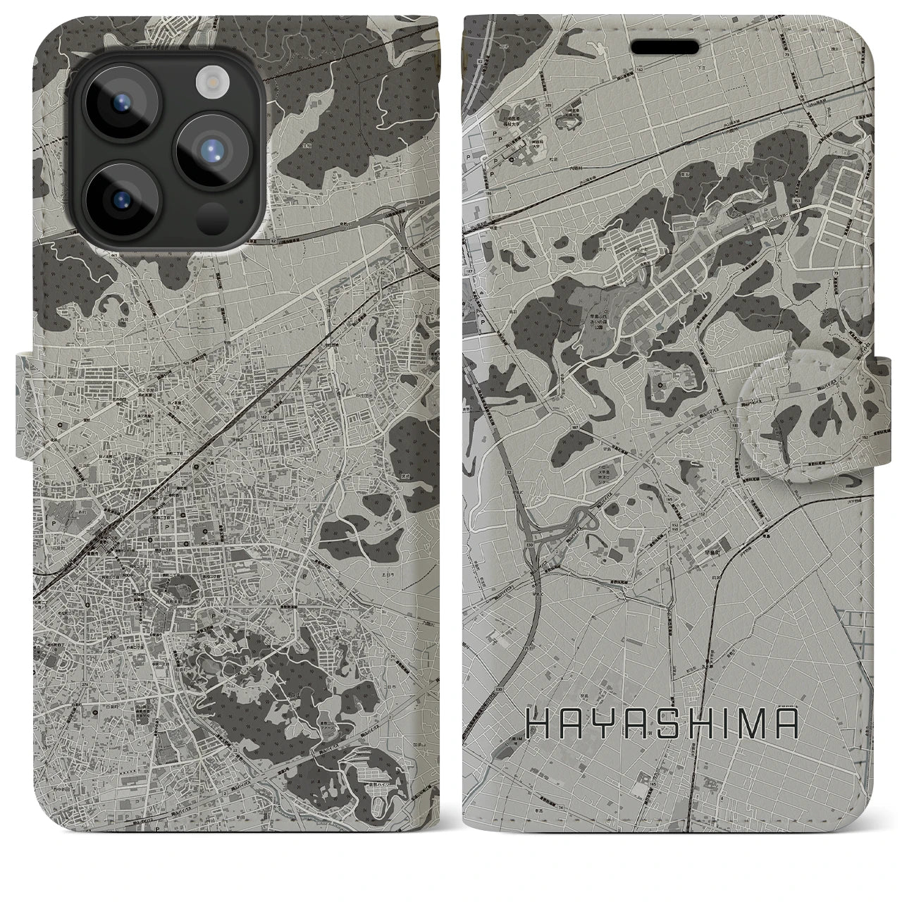 【早島(岡山県)】地図柄iPhoneケース(手帳タイプ)モノトーン・iPhone 15 Pro Max 用