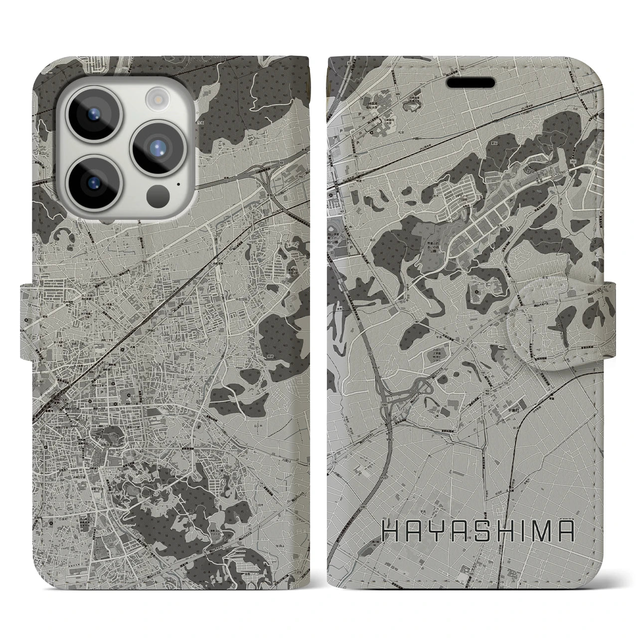 【早島(岡山県)】地図柄iPhoneケース(手帳タイプ)モノトーン・iPhone 15 Pro 用
