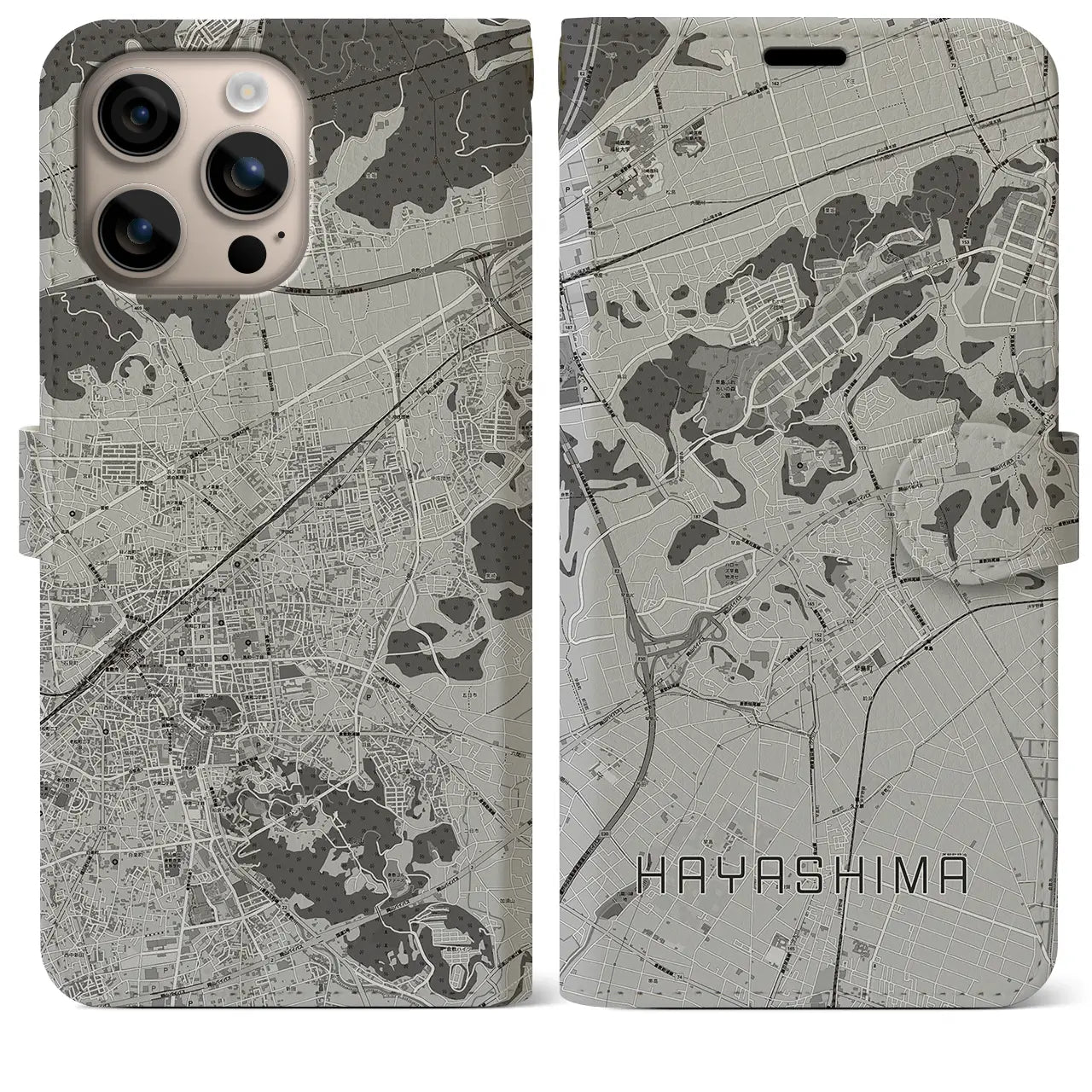 【早島(岡山県)】地図柄iPhoneケース(手帳タイプ)モノトーン・iPhone 16 Plus 用