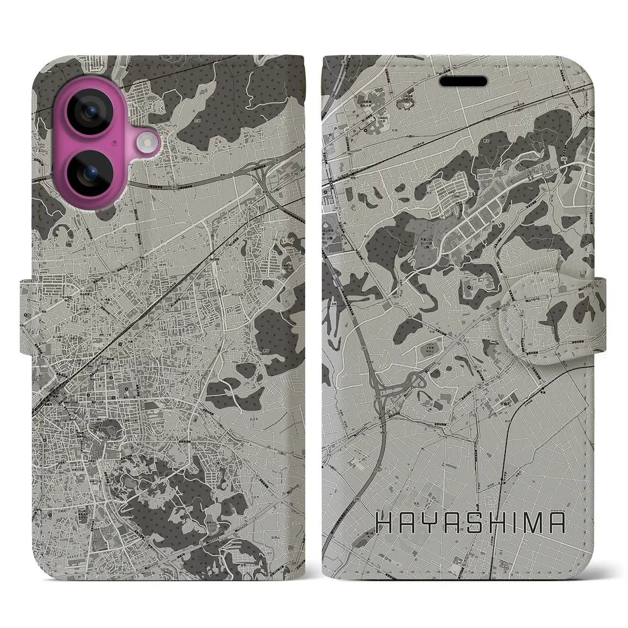 【早島(岡山県)】地図柄iPhoneケース(手帳タイプ)モノトーン・iPhone 16 Pro 用