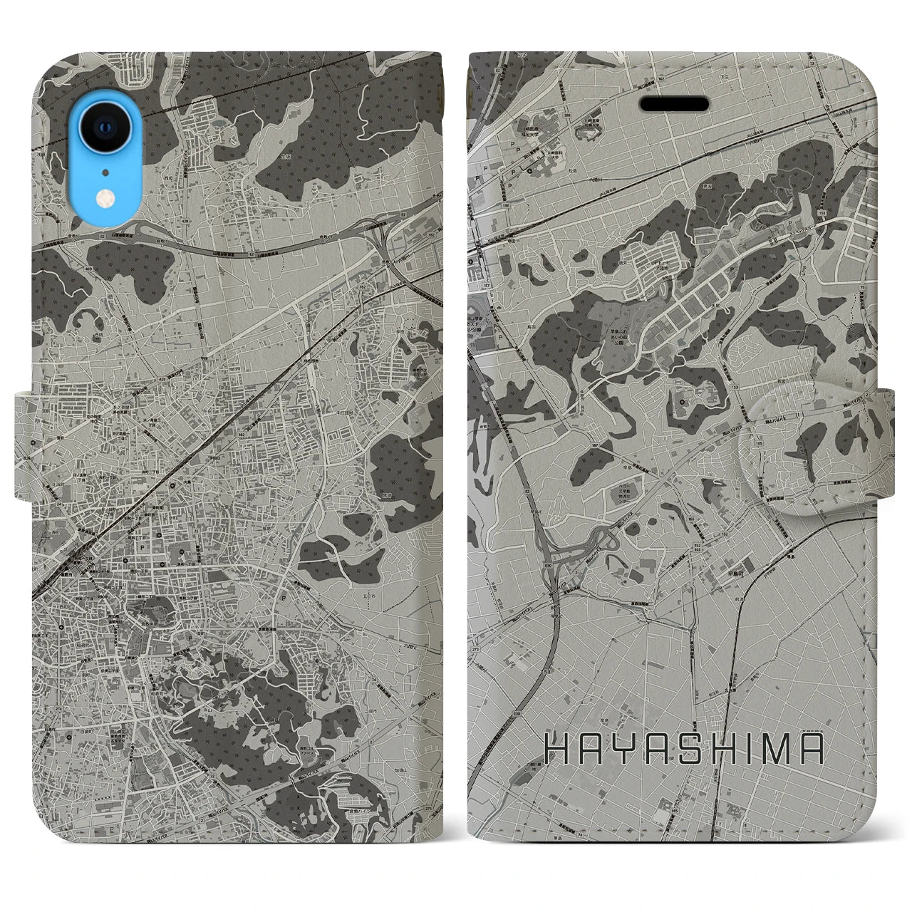 【早島(岡山県)】地図柄iPhoneケース(手帳タイプ)モノトーン・iPhone XR 用