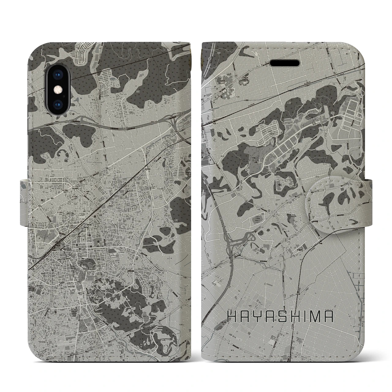 【早島(岡山県)】地図柄iPhoneケース(手帳タイプ)モノトーン・iPhone XS / X 用